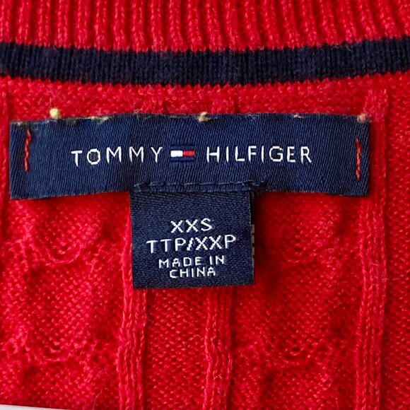 Tommy Hilfiger Apple Red Cotton Sweater Womens Size XXS Cable Knit Flag Preppy - Picture 9 of 16